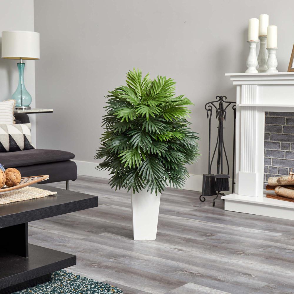 Areca Palm Artificial Plant in White Tower Planter Green. Picture 2