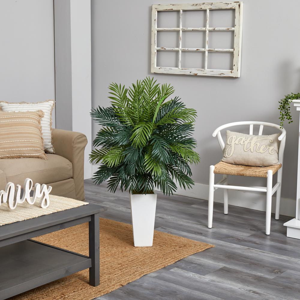 Areca Palm Artificial Plant in White Tower Planter, Green. Picture 2