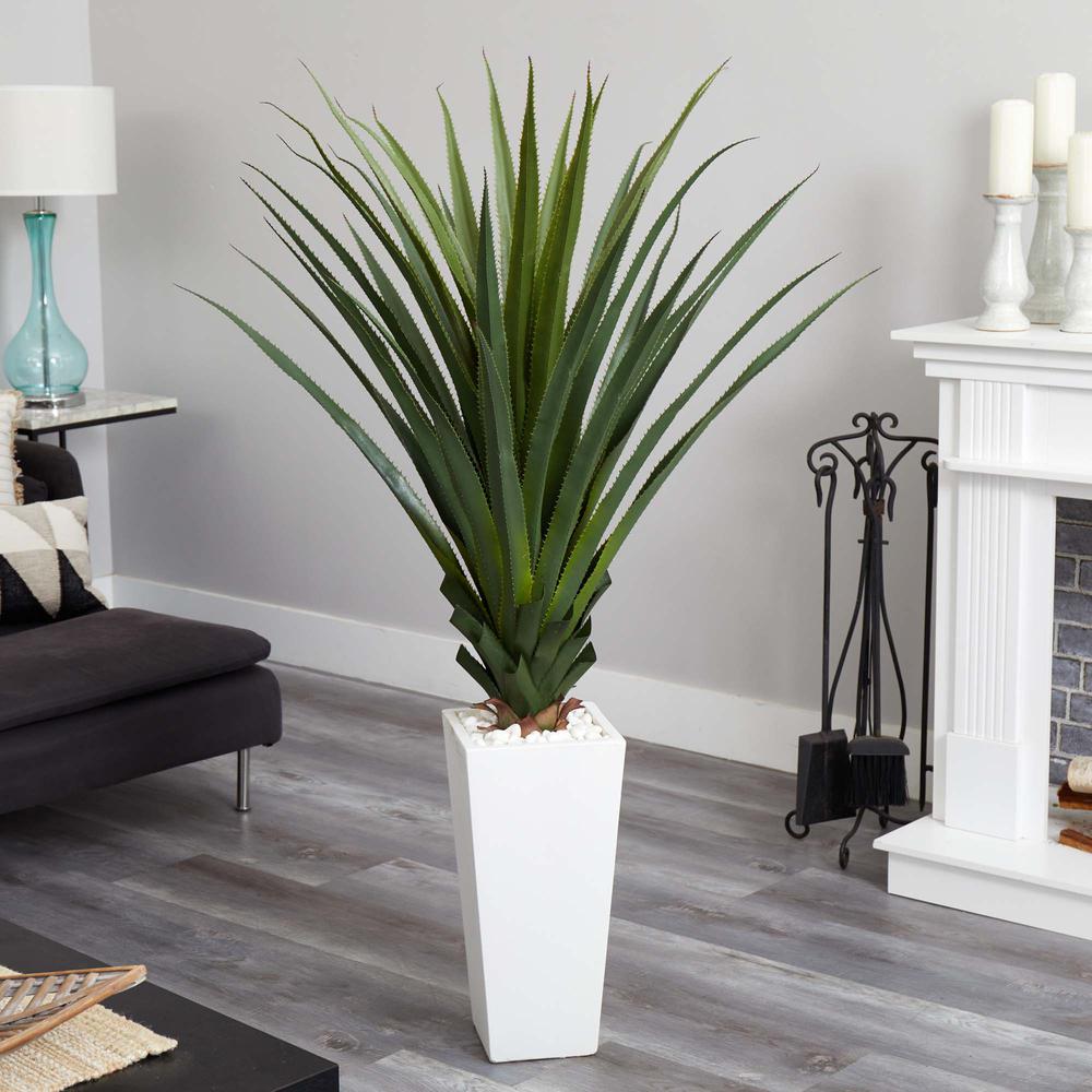 5ft. Spiky Agave Artificial Plant in White Tower Planter. Picture 2
