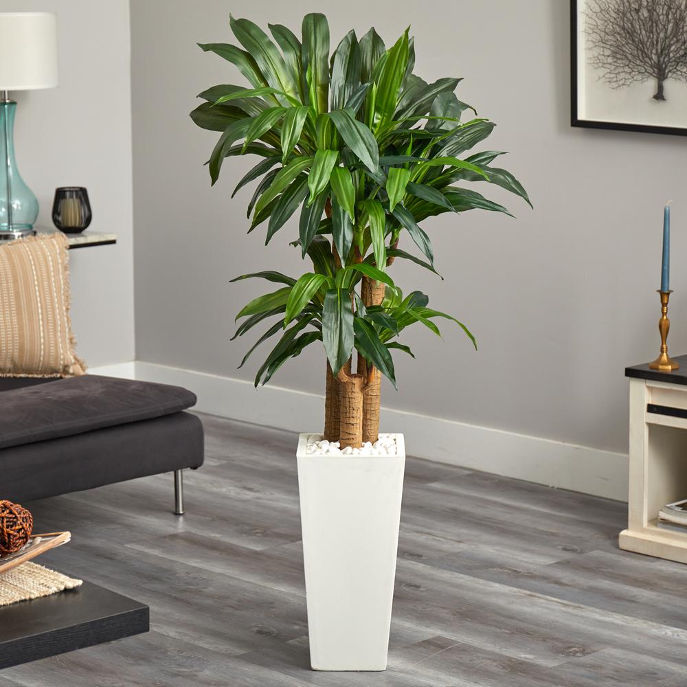 5ft. Cornstalk Dracaena Artificial Plant in White Tower Planter. Picture 3
