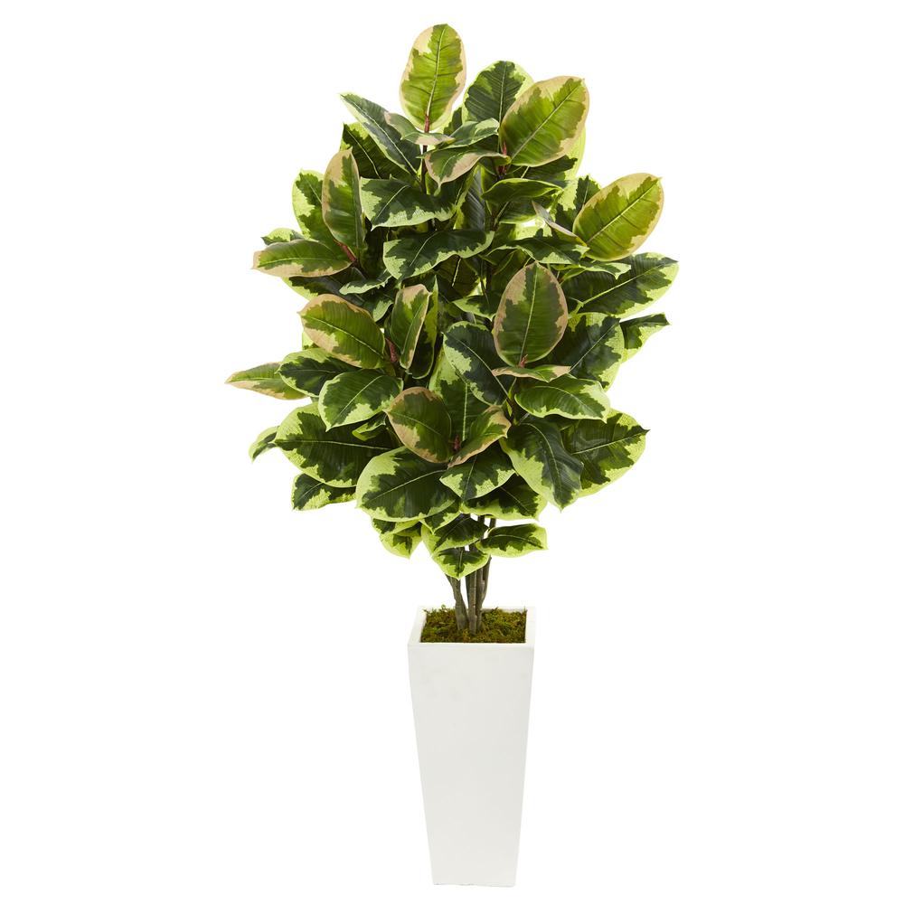 Variegated Rubber Leaf Artificial Plant in White Tower Vase. Picture 1