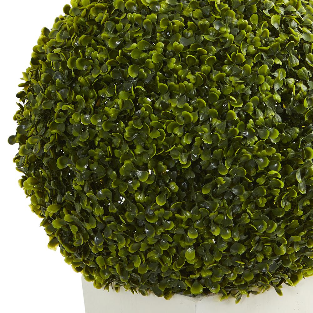 28in. Boxwood Topiary Ball Artificial Plant in White Tower Planter (Indoor/Outdoor). Picture 2