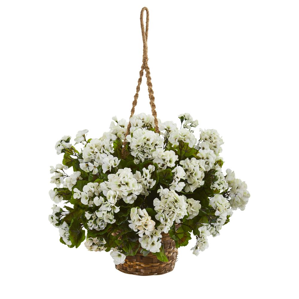 Geranium Hanging Basket Artificial Plant UV Resistant (Indoor/Outdoor), White. Picture 1