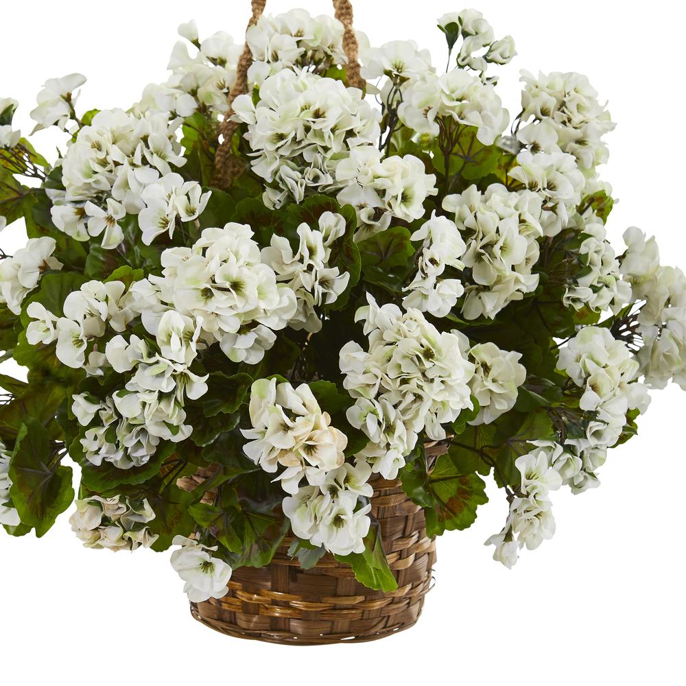 Geranium Hanging Basket Artificial Plant UV Resistant (Indoor/Outdoor), White. Picture 2