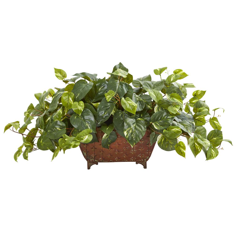 Pothos Artificial Plant in Metal Planter. Picture 1