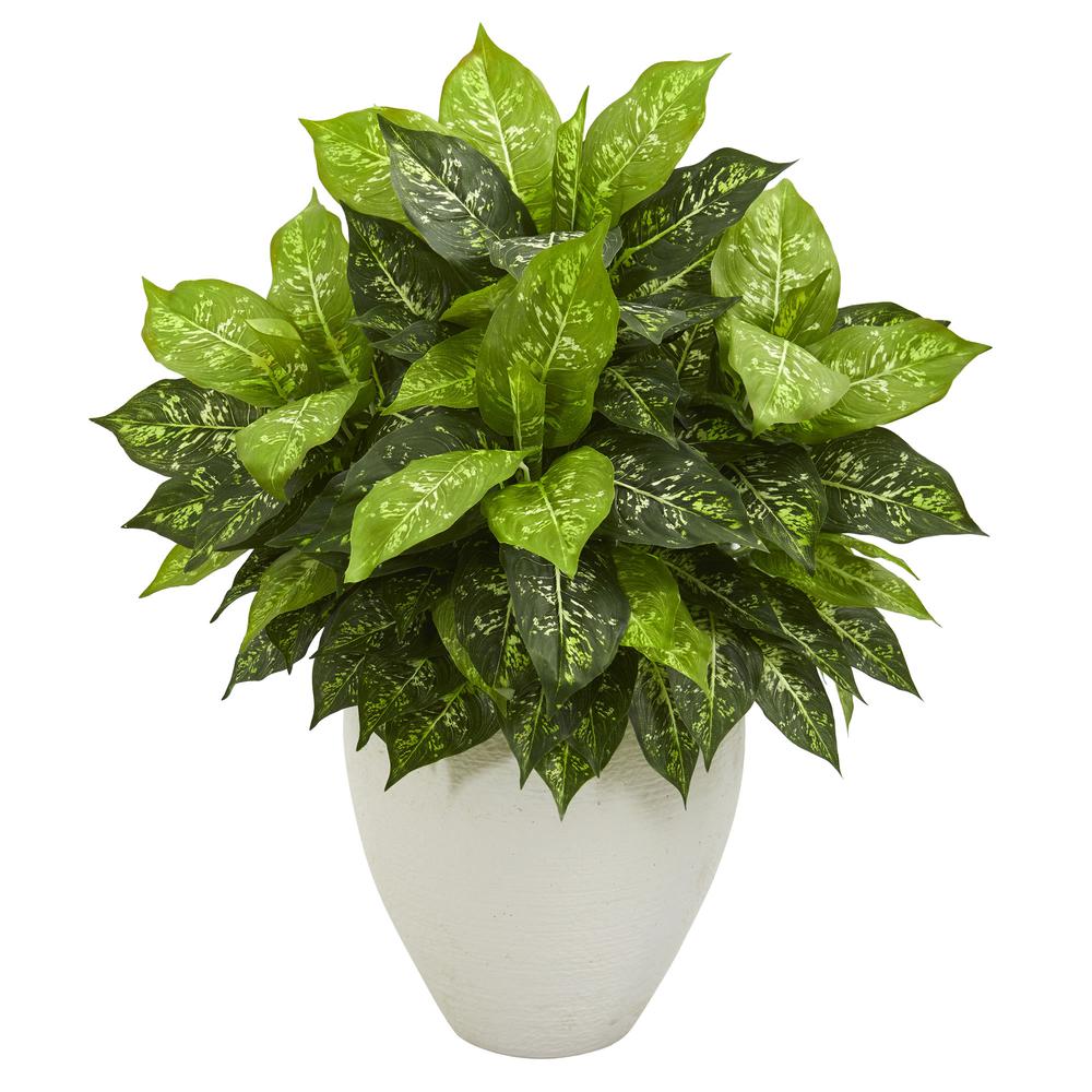 Dieffenbachia Artificial Plant in White Planter. Picture 1