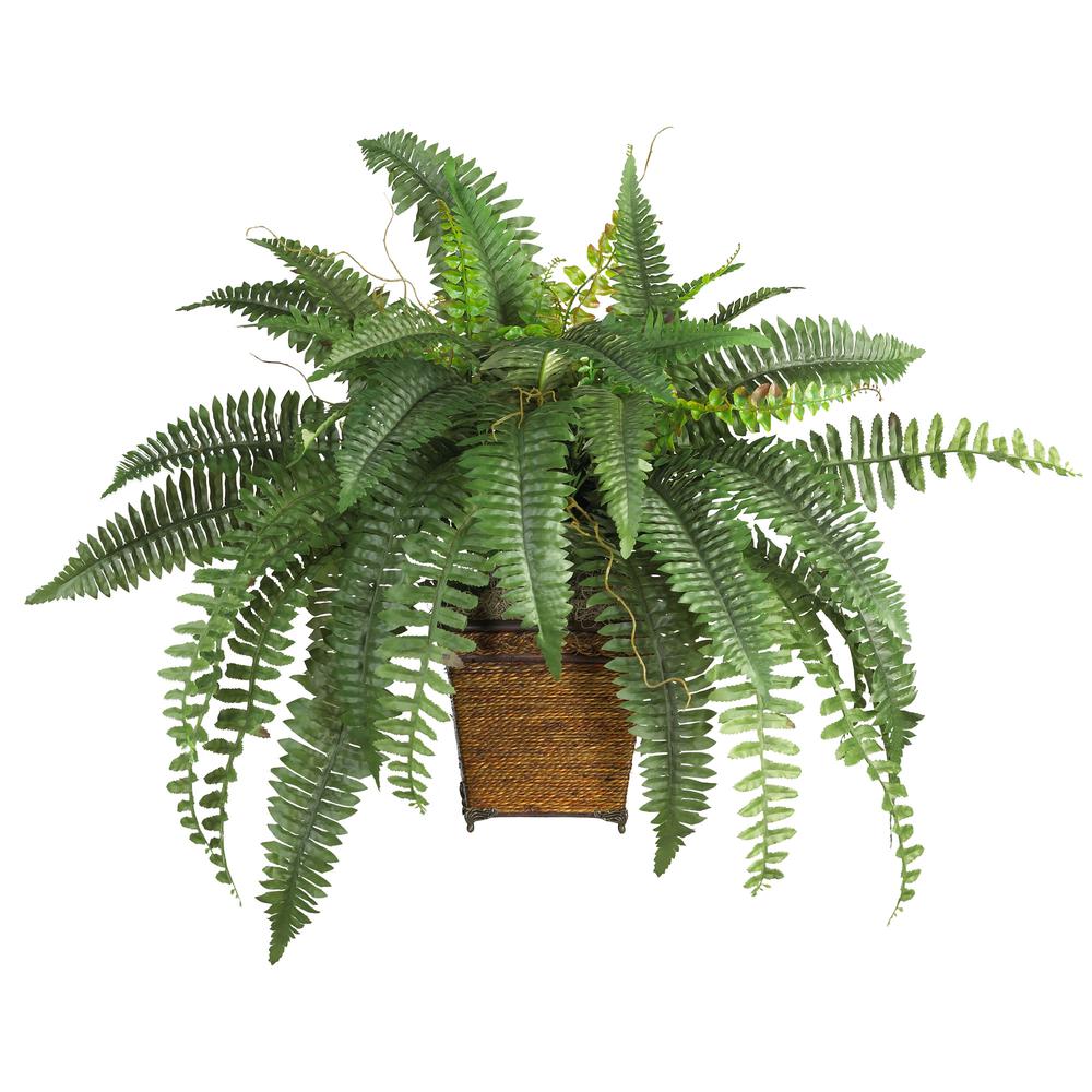 Boston Fern with Wicker Basket Silk Plant. Picture 1