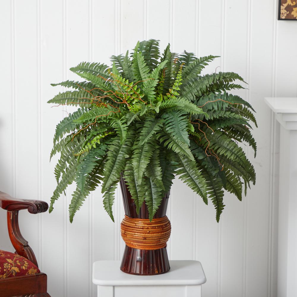 Boston Fern with Bamboo Vase Silk Plant. Picture 3