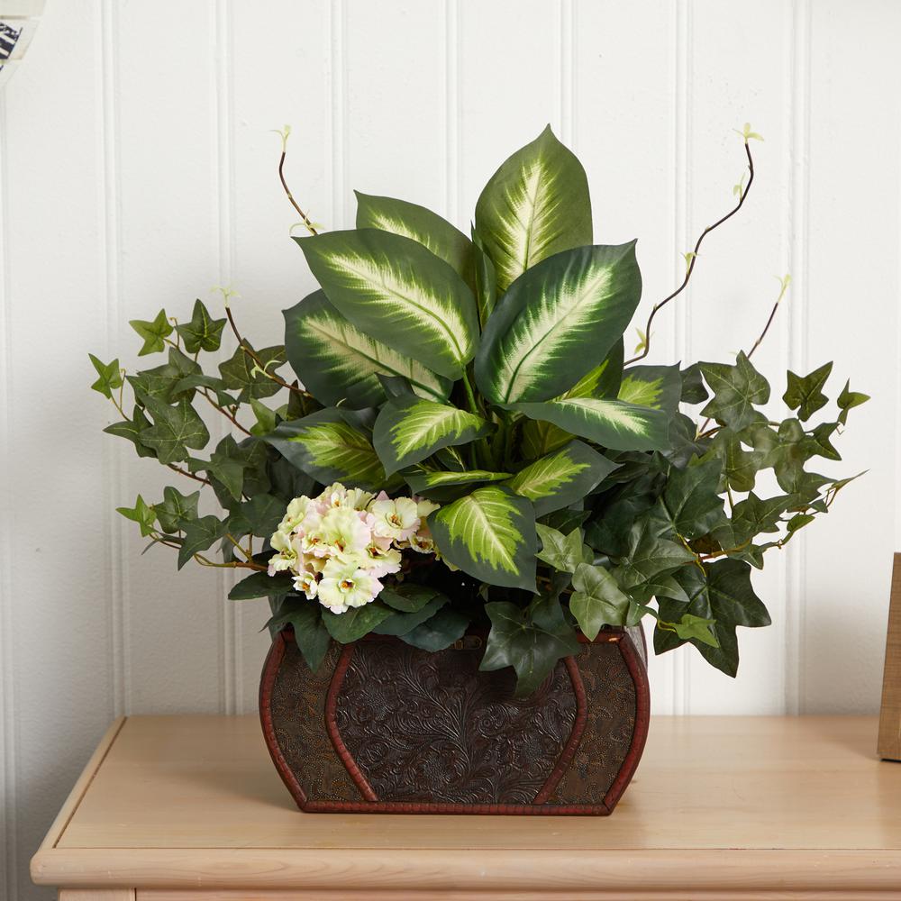 African Violet, Dieffenbachia & Ivy with Chest Silk Plant. Picture 3