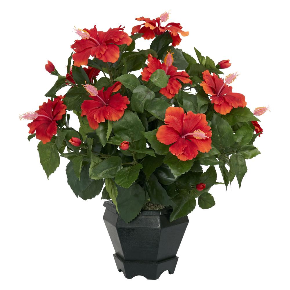 Hibiscus with Black Hexagon Vase Silk Plant. Picture 1