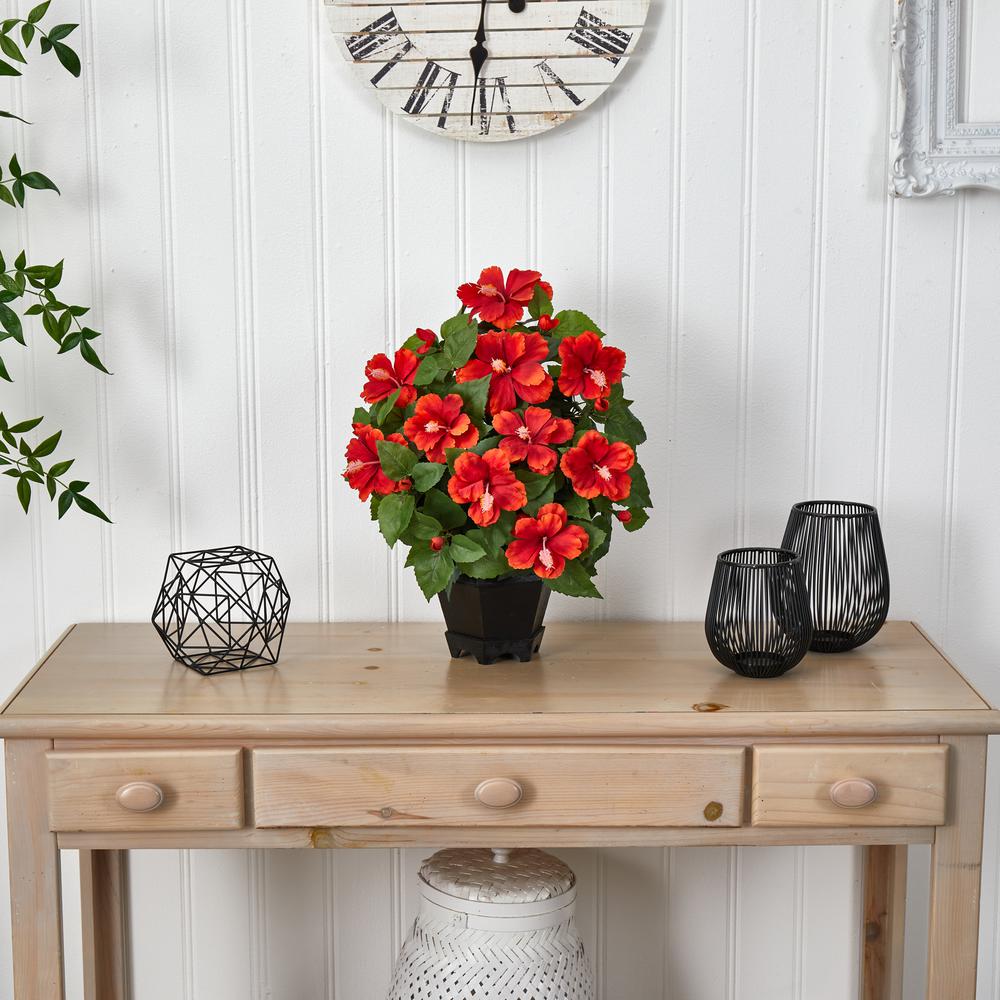 Hibiscus with Black Hexagon Vase Silk Plant. Picture 2