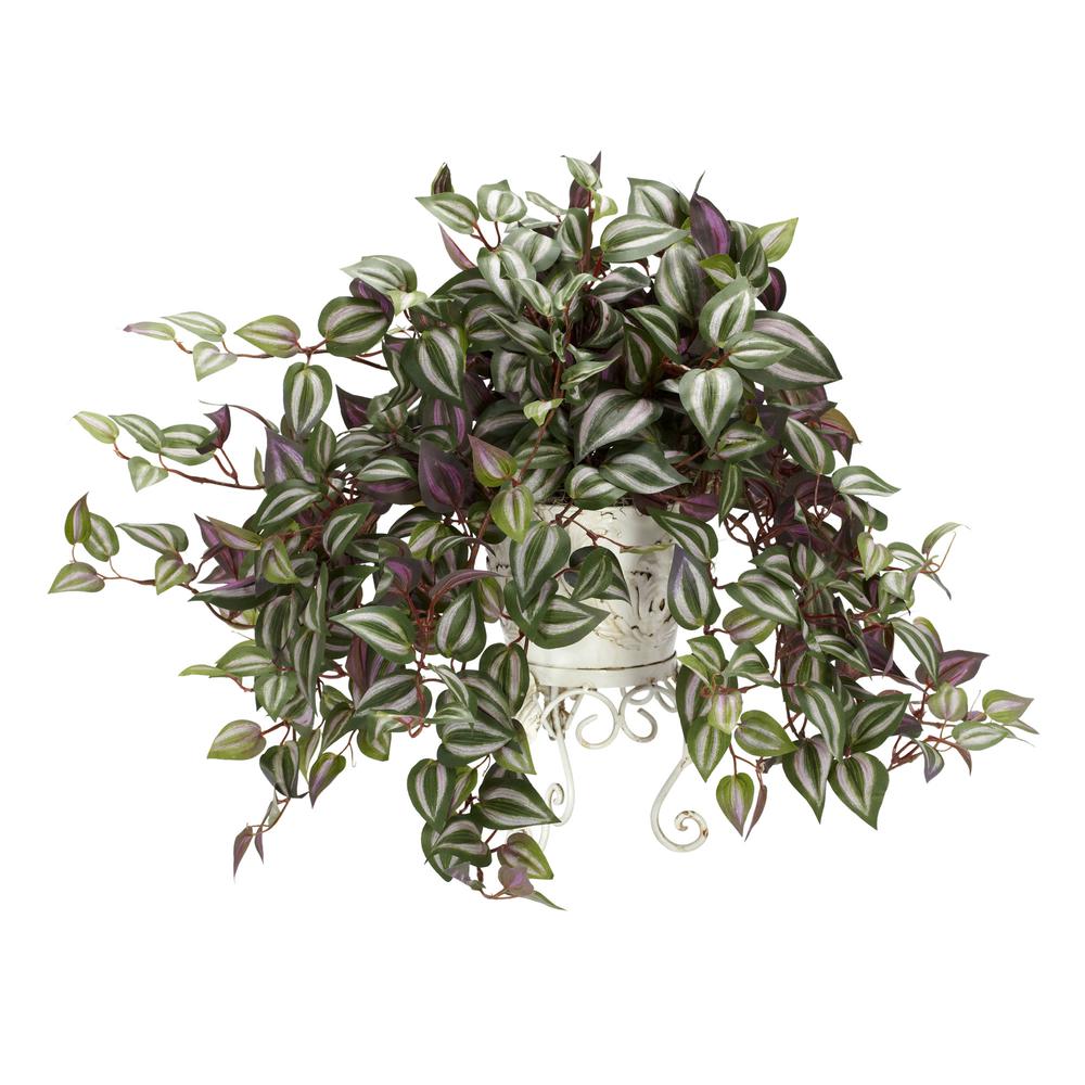 Wandering Jew with Metal Planter Silk Plant. Picture 1