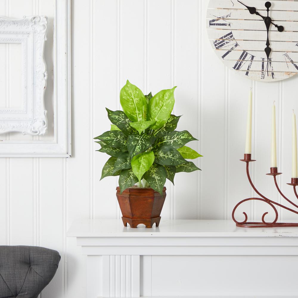 Dieffenbachia with Wood Vase Silk Plant (Set of 2), Variegated. Picture 4