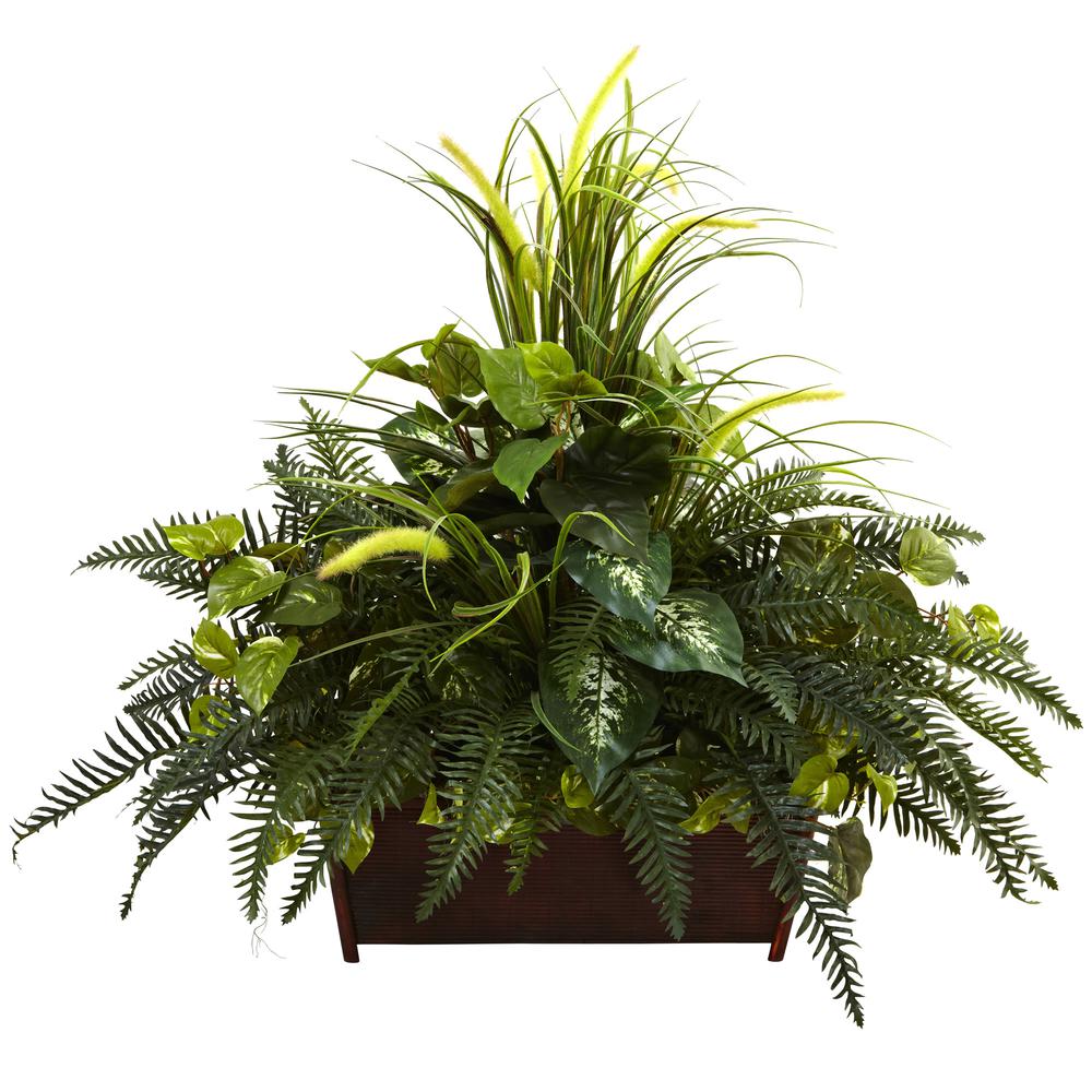 Mixed Grass & River Fern with Wood Planter. Picture 1
