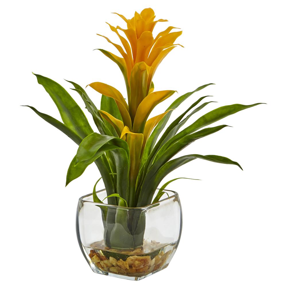 Bromeliad with Glass Vase Arrangement, Yellow. Picture 1
