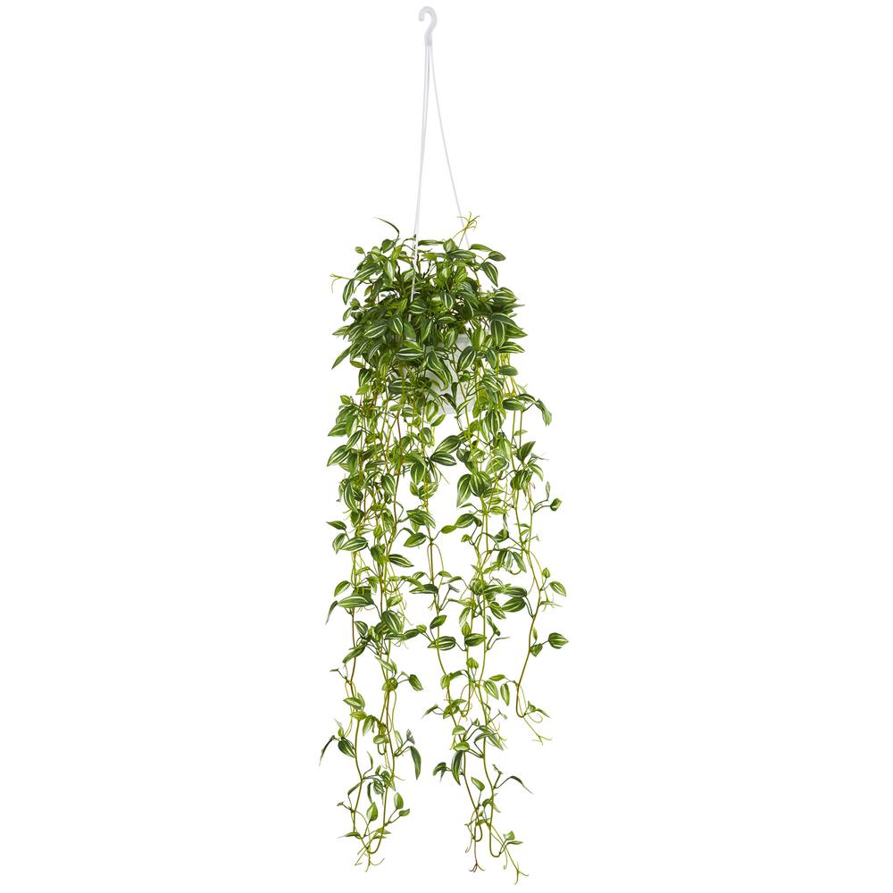 Green Variegated Wandering Jew Hanging Basket Artificial Plant. Picture 1