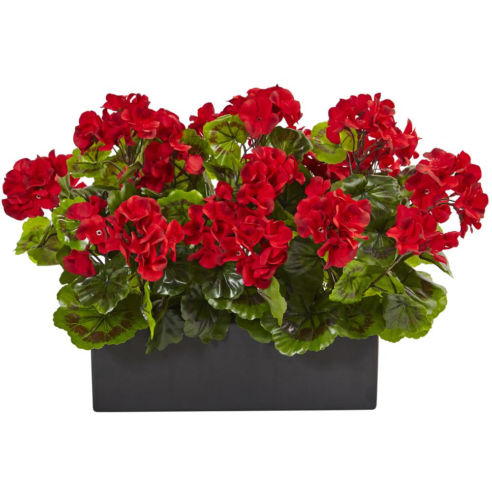 Geranium Silk Plant in Rectangular Planter, UV Resistant (Indoor/Outdoor), Red. Picture 1