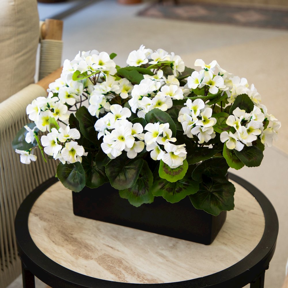13in. UV Resistant Artificial Geranium in Rectangular Planter (Indoor/Outdoor). Picture 8