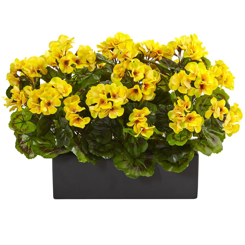 Geranium Silk Plant in Rectangular Planter, UV Resistant (Indoor/Outdoor), Yellow. Picture 1