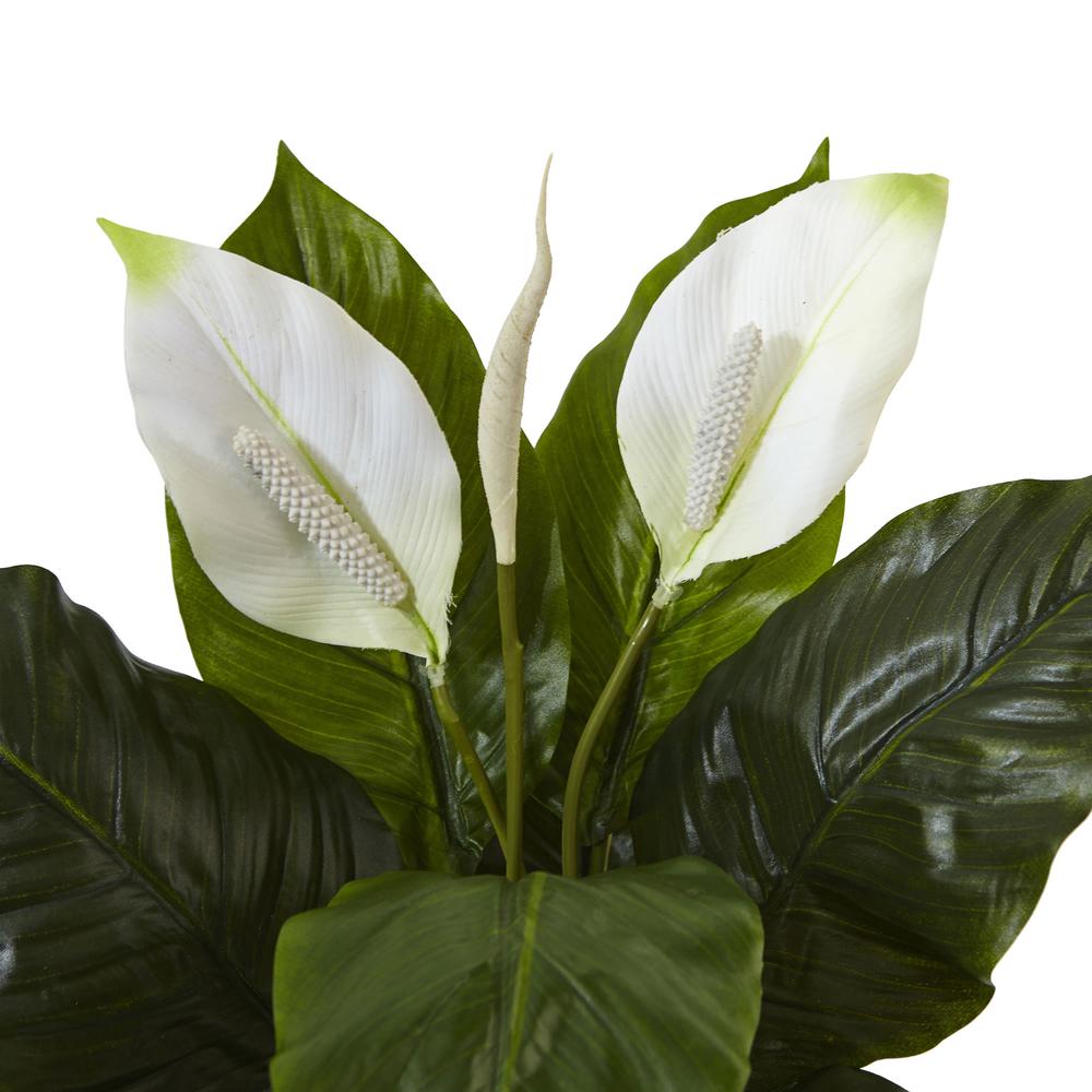 Spathiphyllum Artificial Flowering Peace Lily in Glossy Glass Planter. Picture 2