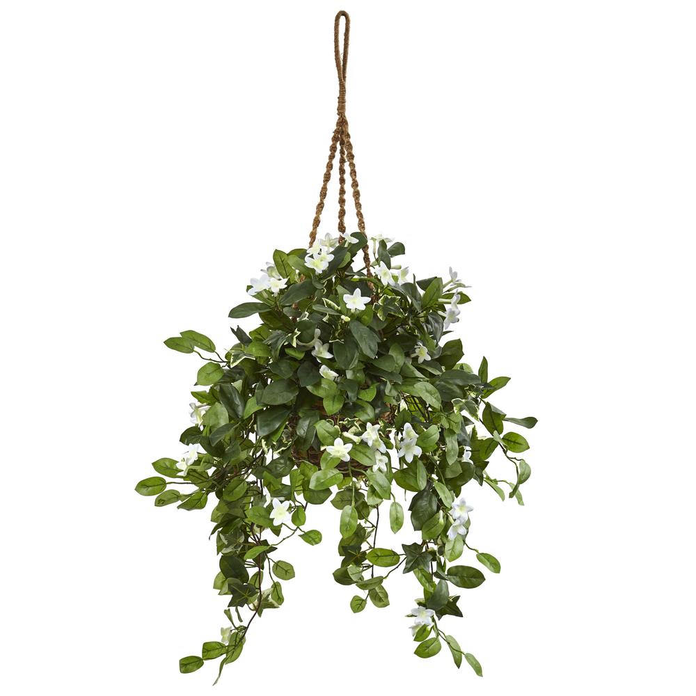 Stephanotis Flowering Artificial Plant in Hanging Basket. Picture 1