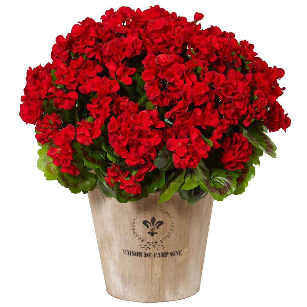 Geranium Silk Flowering Plant in Farmhouse Planter UV Resistant (Indoor/Outdoor), Red. Picture 1