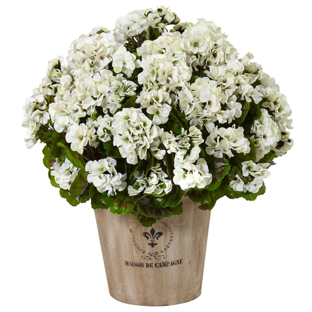 Geranium Silk Flowering Plant in Farmhouse Planter UV Resistant (Indoor/Outdoor), White. Picture 1