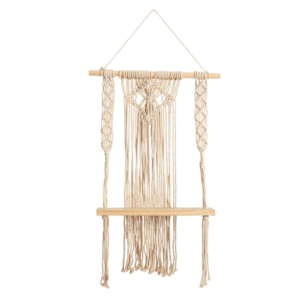 24in. Boho Chic Wood Macrame Single Shelf Woven Diamond Wall Art Décor. Picture 1