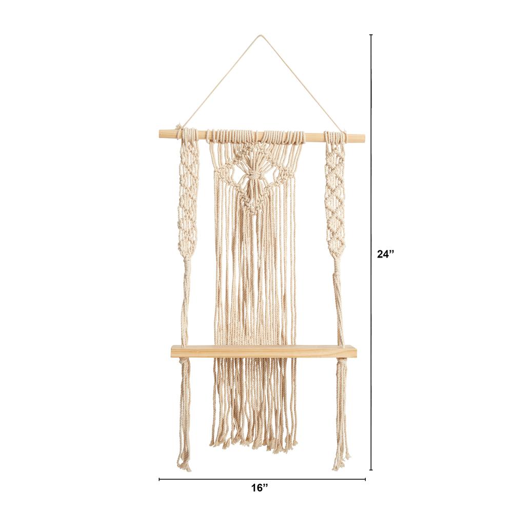 24in. Boho Chic Wood Macrame Single Shelf Woven Diamond Wall Art Décor. Picture 2