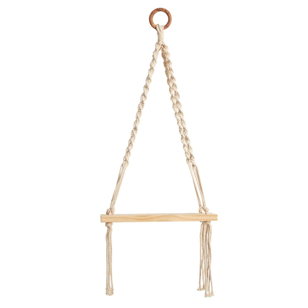 12in. x 22in. Hand Woven Macrame Wall Hanging with Wooden Shelf. Picture 1