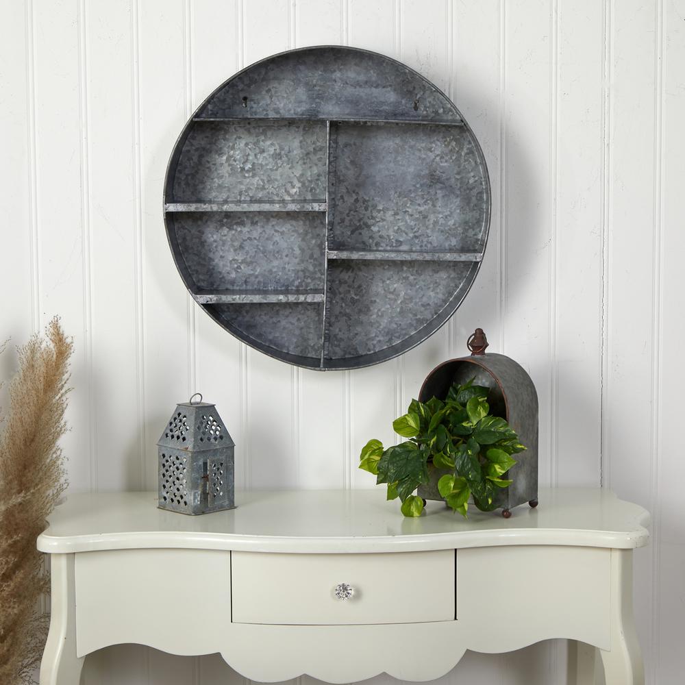 18in. Galvanized Circular Metal Wall Mounted Shelf with Four Tier Shelves. Picture 4
