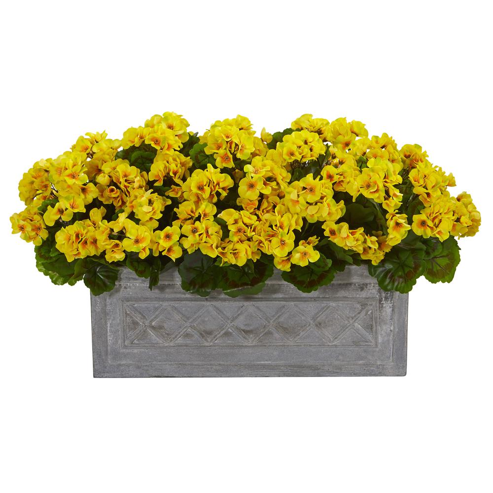 18in. Geranium Artificial Plant in Stone Planter UV Resistant (Indoor/Outdoor), Yellow. Picture 1