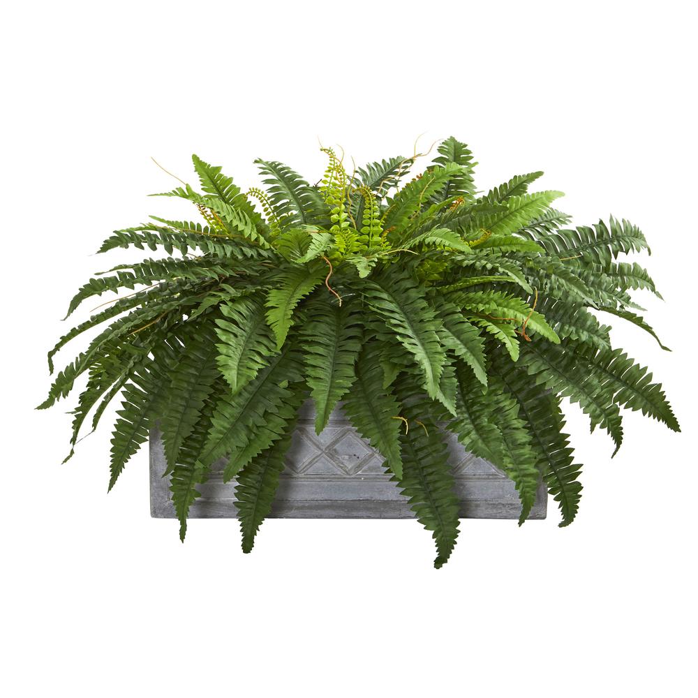 Boston Fern Artificial Plant in Stone Planter. Picture 1
