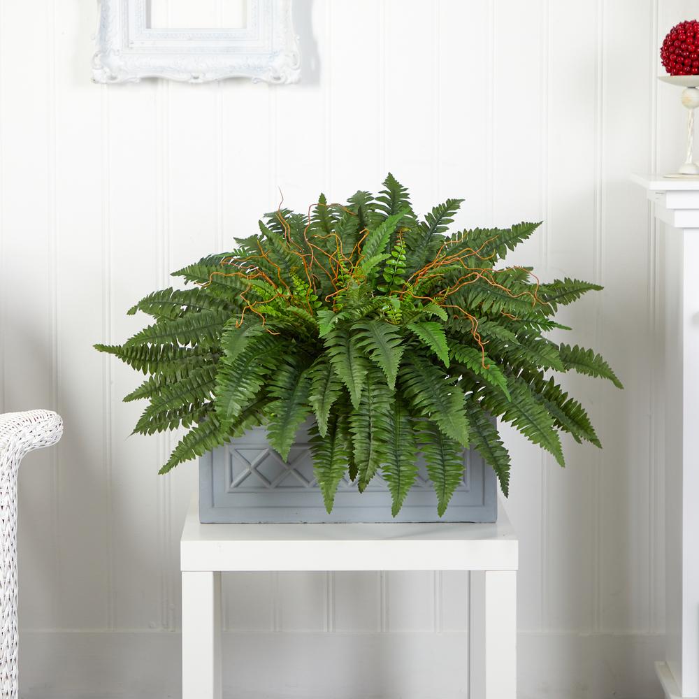 Boston Fern Artificial Plant in Stone Planter. Picture 3