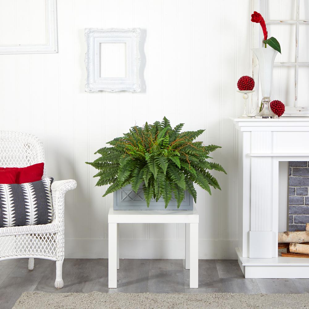 Boston Fern Artificial Plant in Stone Planter. Picture 2