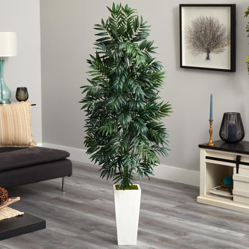 5ft. Bamboo Palm Artificial Plant in White Planter. Picture 2