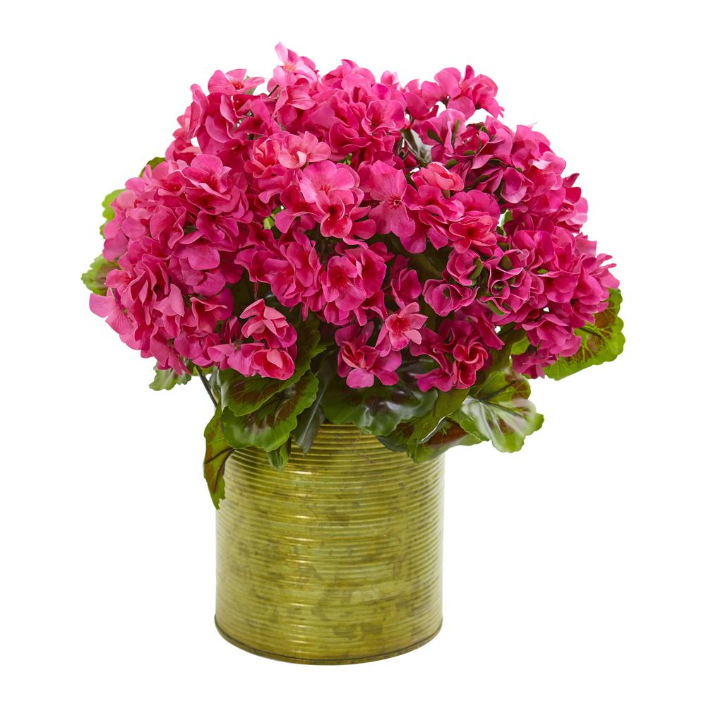 Geranium Artificial Plant in Metal Planter UV Resistant (Indoor/Outdoor), Pink. Picture 1