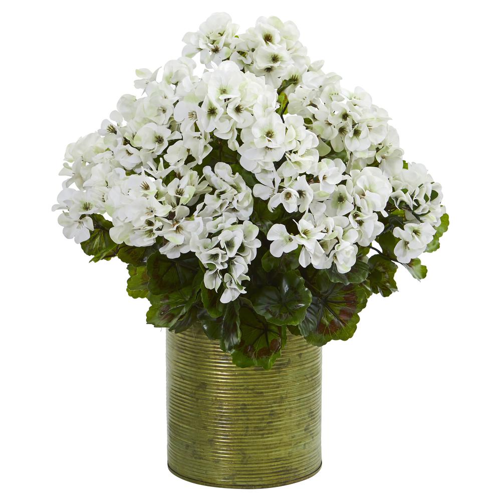 Geranium Artificial Plant in Metal Planter UV Resistant (Indoor/Outdoor), White. Picture 1