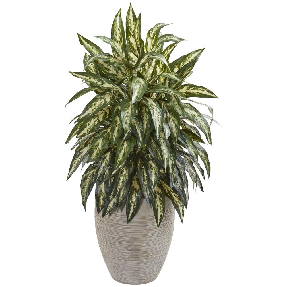 Aglaonema Artificial Plant in Sand Colored Planter. Picture 1