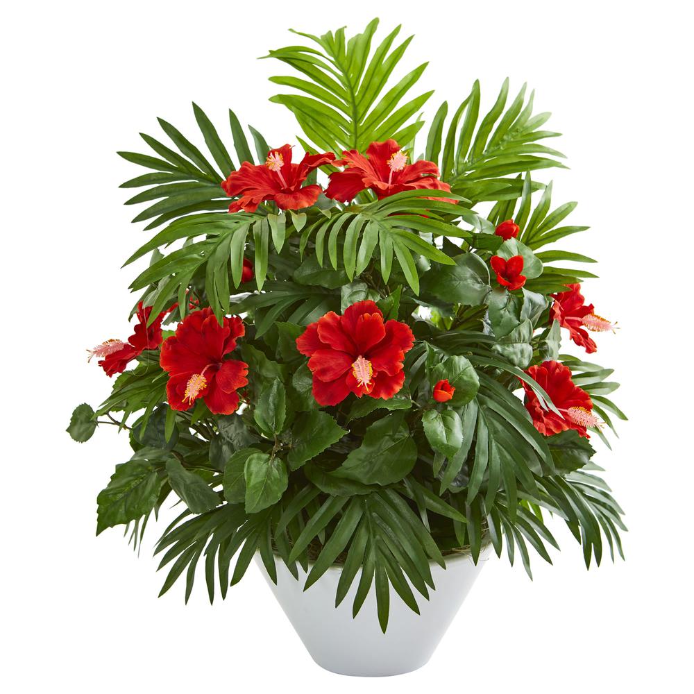 Hibiscus and Areca Palm Artificial Plant in White Bowl. Picture 1