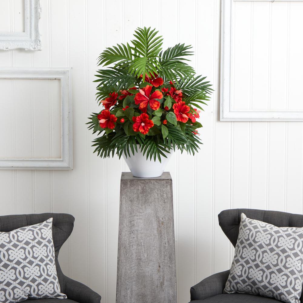 Hibiscus and Areca Palm Artificial Plant in White Bowl. Picture 2