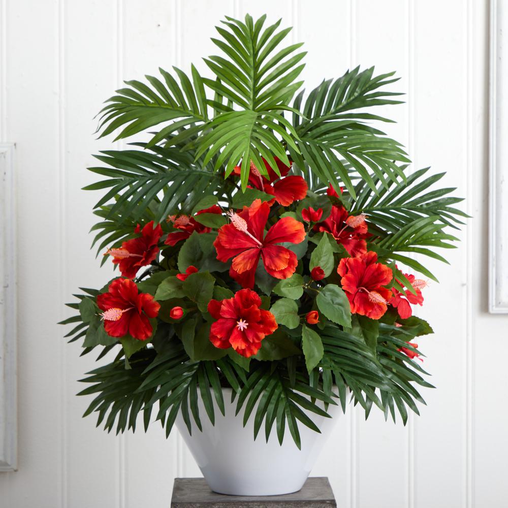 Hibiscus and Areca Palm Artificial Plant in White Bowl. Picture 4