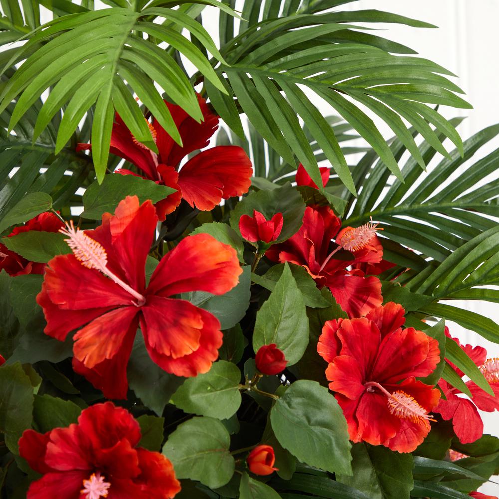 Hibiscus and Areca Palm Artificial Plant in White Bowl. Picture 3