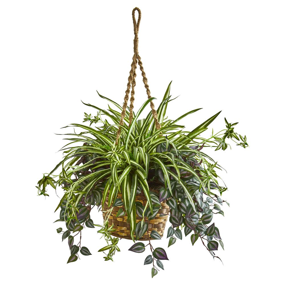 30in. Wandering Jew & Spider Artificial Plant in Hanging Basket. Picture 1