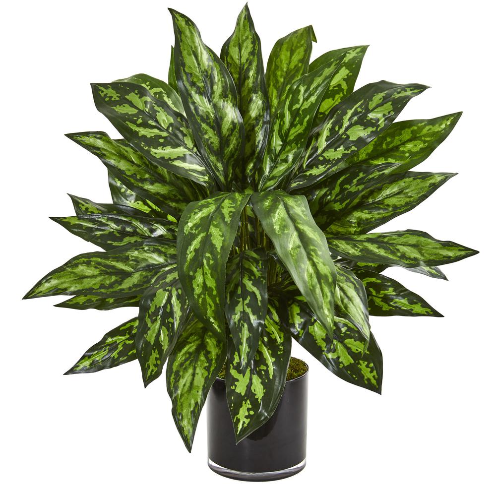 Silver King Artificial Plant in Black Glass Vase. Picture 1