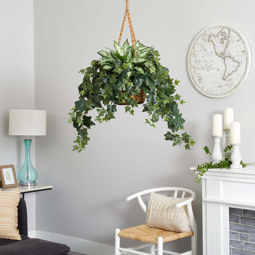 30in. Silver Queen and Ivy Artificial Plant in Hanging Basket. Picture 2