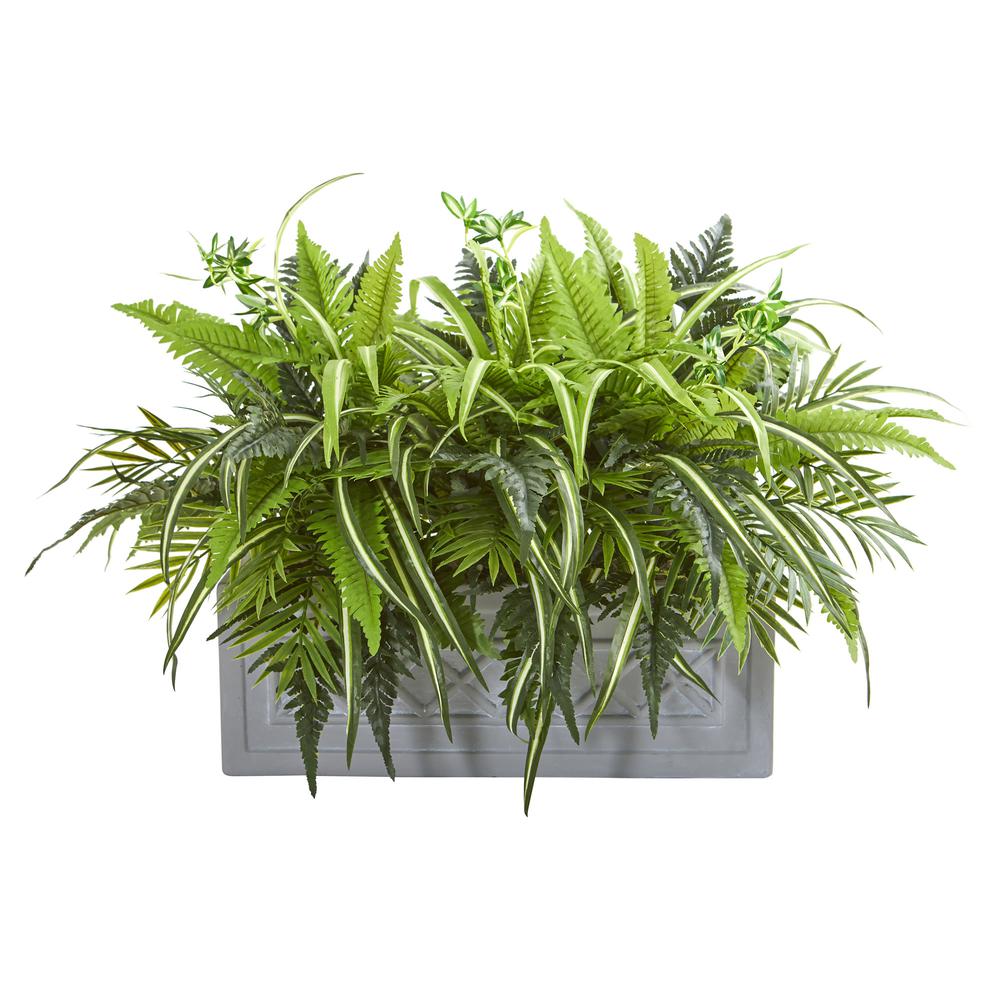 Mixed Greens and Fern Artificial in Stone Planter. Picture 1