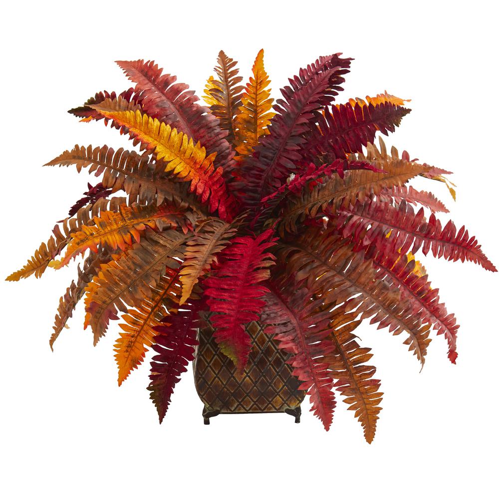 Autumn Boston Fern Artificial Plant in Metal Planter. Picture 1