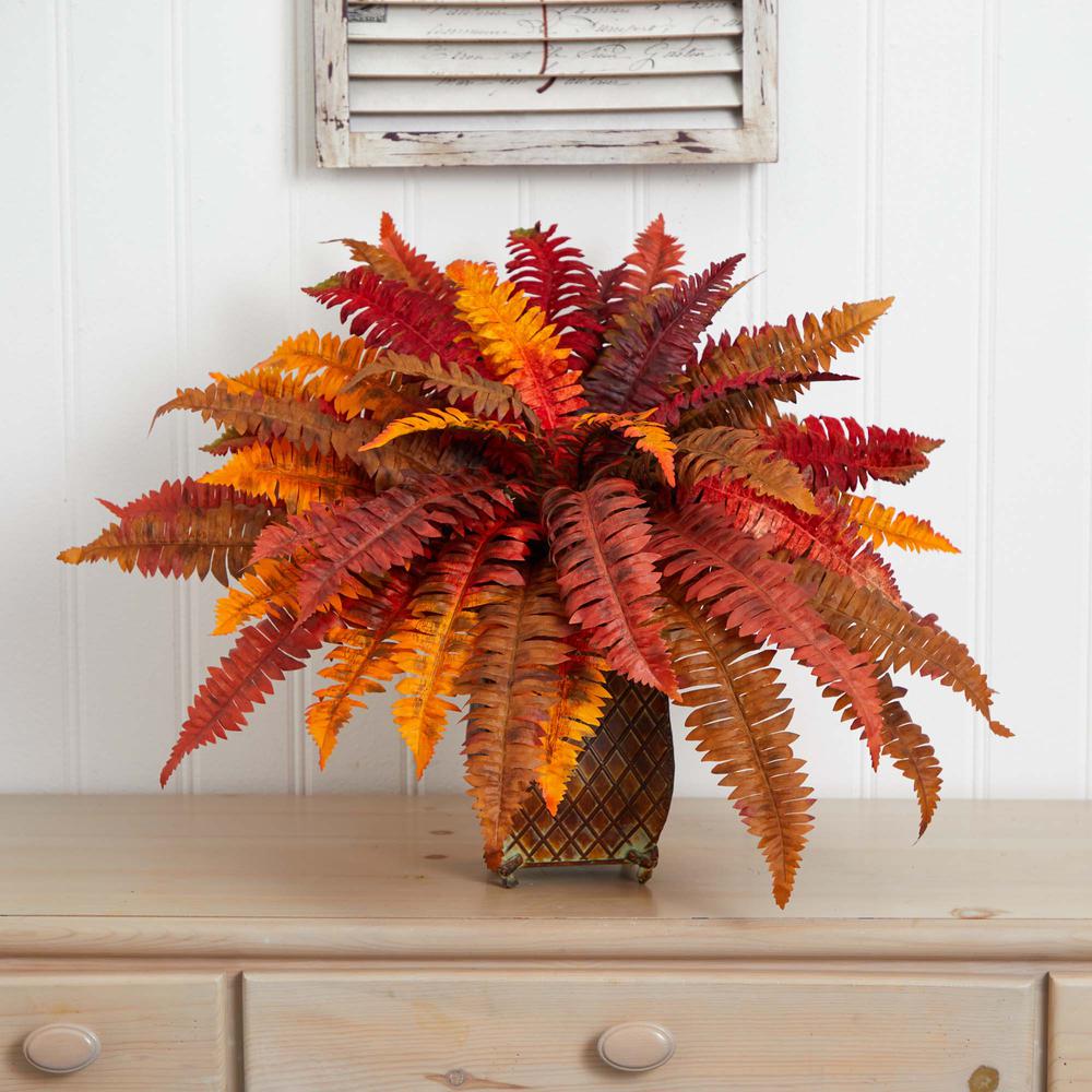 Autumn Boston Fern Artificial Plant in Metal Planter. Picture 3