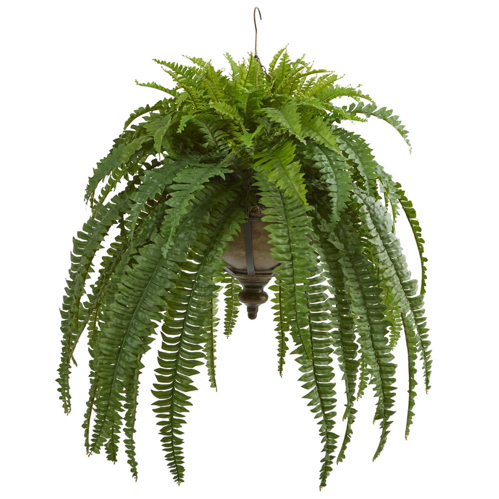 39in. Boston Fern Artificial Plant in Metal Hanging Bowl. Picture 1